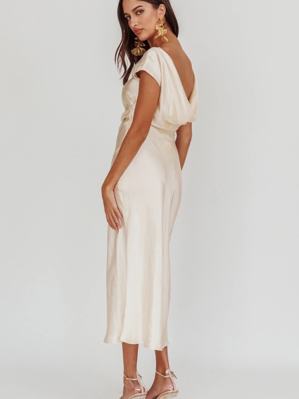 Loveland Cap Sleeve Cowl back Cream Satin Midi Dress Selfie Leslie Bridal